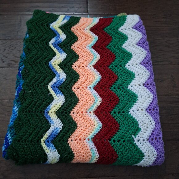 Hand Knit Crochet Multicolour Stripes Blanket - Picture 6 of 7